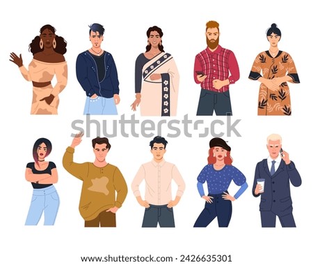 A collection of diverse multicultural multinational people in different poses. Modern young female and male characters in a flat style. Vector cartoon illustration