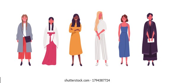 Collection of diverse multicultural woman in trendy clothes, dress. Fashion multiracial girls in different casual outfit. Flat vector cartoon illustration isolated on white background