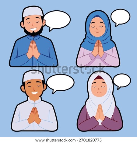 A collection of diverse Muslim characters, both men and women, dressed in traditional attire, expressing greetings and blessings with speech bubbles above them.