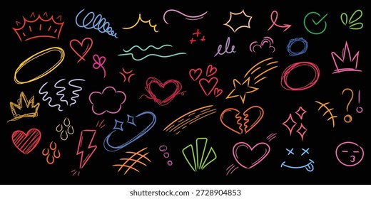 Collection of diverse neon scribble doodle icons featuring hearts stars crowns circles arrows and various expressive marks on a black background for design accents.