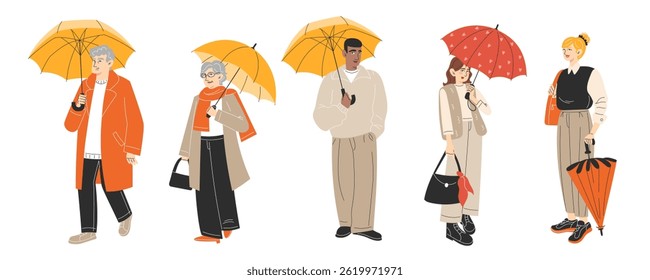 Collection of Diverse People in Autumn Outfits with Umbrellas. Flat Vector Illustration of Rainy Weather Fashion.
