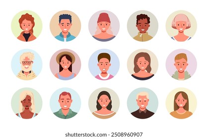 Colección de avatares de personas diversas en marcos circulares. Ilustración vectorial de retratos de usuarios multiétnicos. Iconos planos de personajes masculinos y femeninos de dibujos animados.
