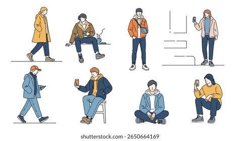 Collection of diverse people in casual modern clothing depicted in a pixelated artistic style