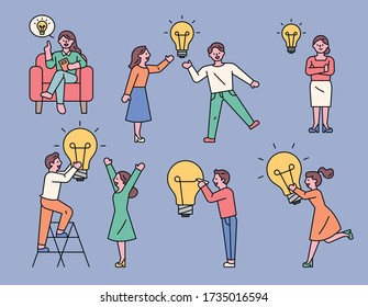 A collection of diverse people characters holding large light bulbs. flat design style minimal vector illustration.