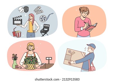 Collection of diverse people with different careers and occupations. Set of men and women various jobs and professions. Actress or producer, writer, florist and deliveryman. Vector illustration. 