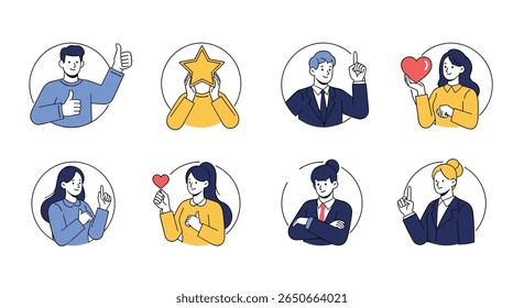 Collection of diverse people expressing positive emotions and gestures in minimalist circles for business and social media content