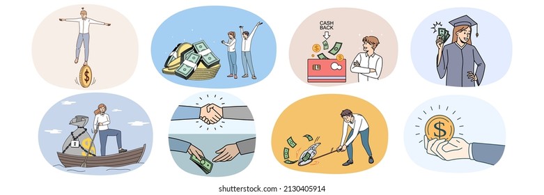 Collection of diverse people get passive income or revenue. Set of men and women feel excited receive dividend from successful investment. Banking and finances. Vector illustration. 