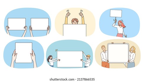 Collection of diverse people hold empty banners with copy space for advertising. Set of men and women show mockup white placards or posters for ad. Copyspace. Vector illustration. 