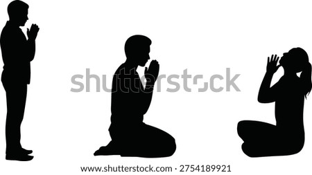 Collection of diverse people praying in different positions including standing, kneeling, and sitting, religious faith and spiritual devotion, vector illustration, isolated.