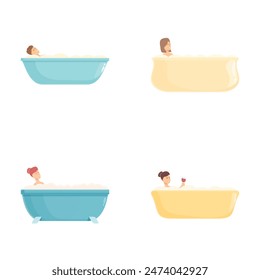 Collection of diverse people relaxing in bubble baths, isolated on white