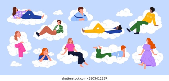 Collection of diverse people resting, thinking and dreaming on soft clouds in a calm sky scene, expressing relaxation, daydreaming, peace, comfort, and imagination vector illustration