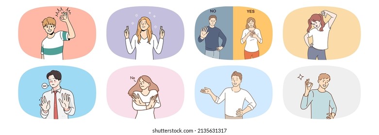 Collection diverse people show yes   no hand gestures  Set men   women demonstrate different emotions  Body language   nonverbal communication  Vector illustration  