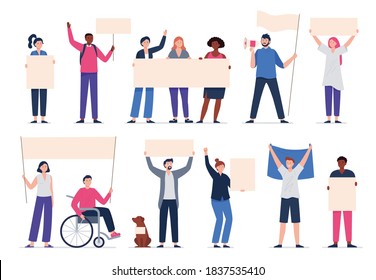 Collection of diverse people standing and holding blank banners. Multiethnic male and female protesters or activists. Strikes, protest around the world. Vector flat illustration. 