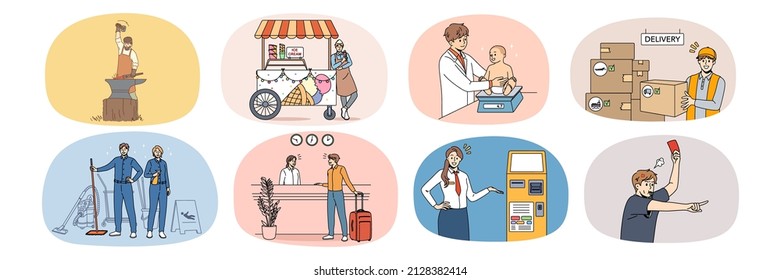 Collection of diverse people and their occupations and jobs. Set of male and female employees and professions. Ironman, pediatrician and courier. Receptionist and referee. Vector illustration. 