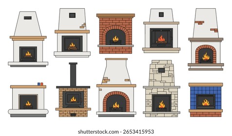 Collection of diverse pixel art fireplace designs for home decoration and architectural visualization