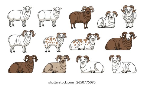 Coleção de diversas ovelhas e carneiros pixel art em várias poses e cores