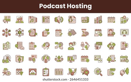 Uma coleção de diversos ícones de podcasts, apresentando elementos como microfones, fones de ouvido, listas de reprodução e calendários, em um estilo moderno e minimalista.