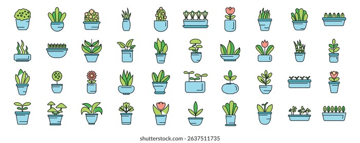 Collection of diverse potted plants in simple, colorful illustrations