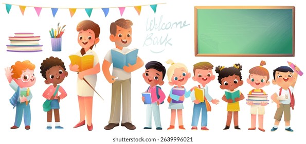 Collection of Diverse primary school kids Students and Teachers with Chalkboard and Books. Back to school children characters for elementary school. Vector isolated clipart for kids education