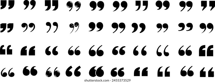 Collection of diverse quotation marks, black symbols on white, mix of solid and calligraphic styles, single and double quotes. Ideal for typography, writing, and language related content