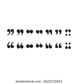 Collection of diverse quotation marks, black symbols on white, mix of solid and calligraphic styles, single and double quotes. Ideal for typography, writing, and language related content