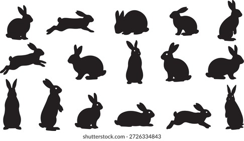 Coleção de silhuetas de coelho diversas que mostram várias poses e movimentos do animal popular