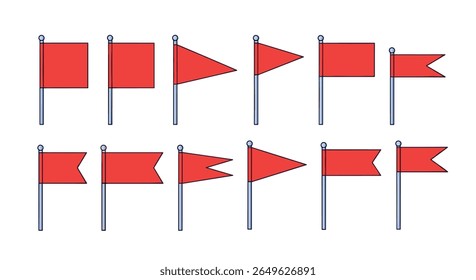 Collection of diverse red flags displaying various geometric shapes and designs on poles for symbolic representation and communication needs