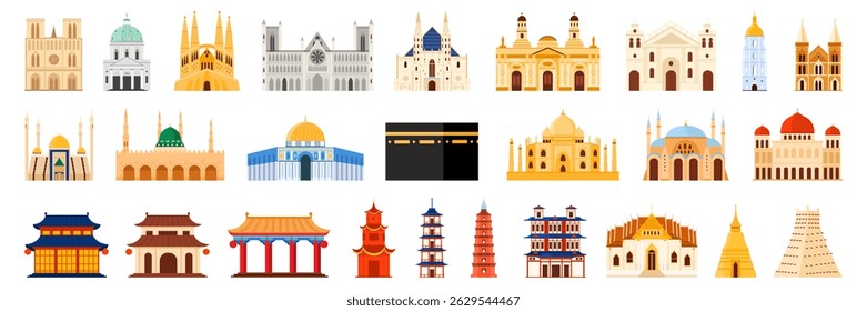 Collection of diverse religious buildings from around the world isolated on white background perfect for education travel culture and architecture design projects vector illustration