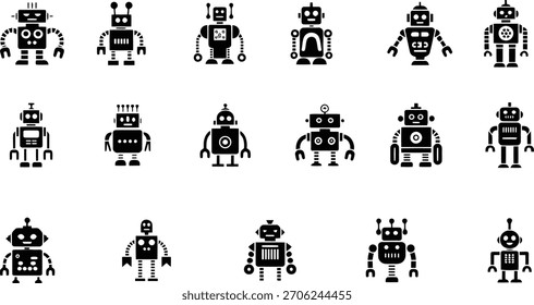 Coleção de diversos ícones robôs representando ai e tecnologia futura
