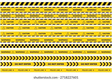 Colección de cintas de seguridad diversas. con patrones de peligro, mensajes de precaución y no introduzca advertencias para zonas seguras. Ilustración vectorial
