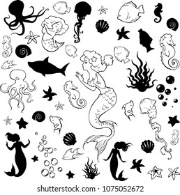 
Collection of diverse sea creatures, fish, octopus, jelly fish, starfish and cute silhouette beautiful elegant mermaid 
with long hair