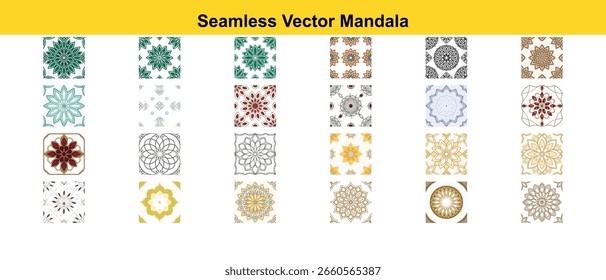A collection of diverse seamless vector mandala patterns featuring floral designs in various color palettes and artistic styles, presented on a white background.