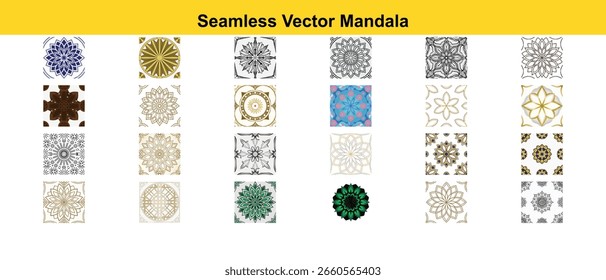 Uma coleção de diversos padrões de mandala vetorial sem costura, apresentando intrincados desenhos geométricos e florais em uma variedade de cores e estilos.