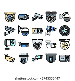 Collection of diverse security cameras icons depicting various types of closed circuit television systems, representing concepts of monitoring, protection, and modern technology in flat line style