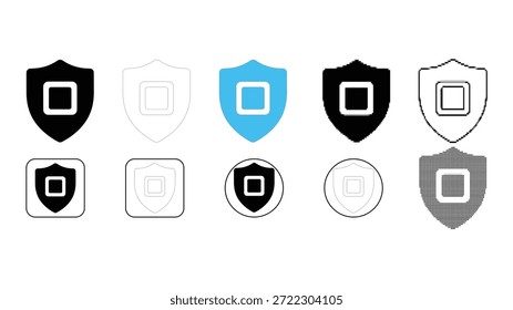 Una colección de diversos íconos de escudo, cada uno con un elemento cuadrado central. El conjunto incluye múltiples estilos visuales, como negro relleno, delineado, color azul y variaciones texturizadas, adecuado para