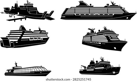A collection of diverse ship silhouettes featuring cruise ships, passenger ferries, and specialized marine vessels. These icons are ideal for maritime logistics, travel agencies, and nautical-themed graphic design projects.
