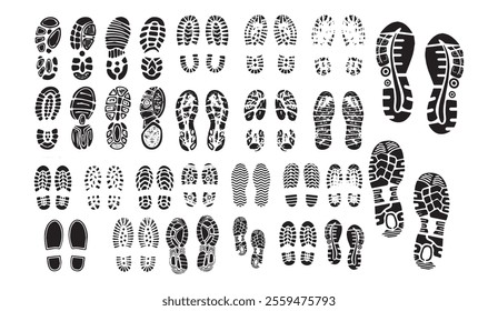 Collection of diverse shoe print silhouettes in black, featuring various sole patterns and footwear designs. Ideal for design projects, signs, and creative visuals