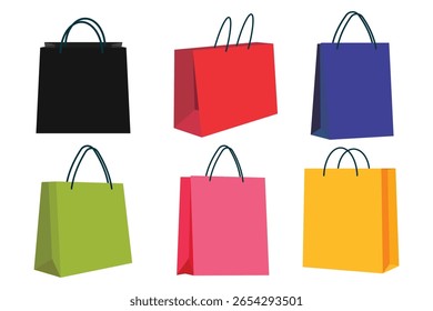 Uma coleção de diversas sacolas de compras, com vários estilos, cores e alças. Ideal para projetos de varejo, comércio eletrônico ou marcas.