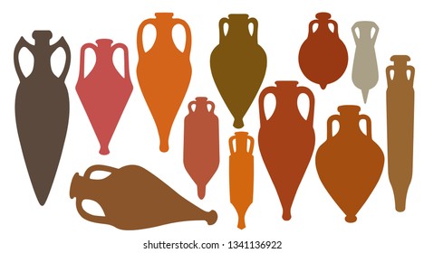 Collection  of diverse silhouettes of ancient Greek amphoras.
Vector   illustration of various amphorae for storing olive oil.  Clipart.  