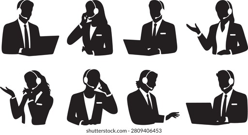 Collection of diverse silhouettes depicting customer service agents working with headsets and laptops, offering support and assistance to customers.