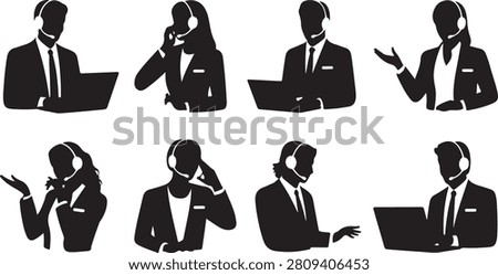 Collection of diverse silhouettes depicting customer service agents working with headsets and laptops, offering support and assistance to customers.