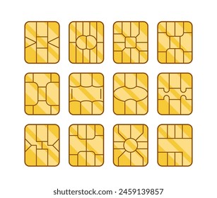 Collection Of Diverse Sim Card Designs, Each Featuring A Unique Arrangement Of Circuit Patterns In Golden Hues, Vector