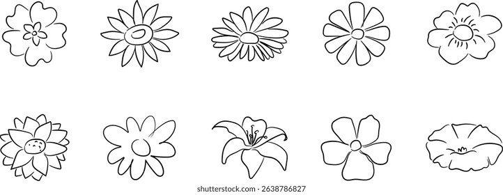 Collection of Diverse Simple Flower Line Art