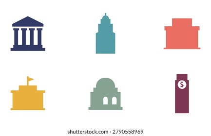 Collection of diverse simplified building silhouettes representing civic and financial institutions isolated on white