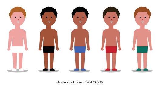collection of diverse skin tone men body templates. people in underwear with different complexions. vector infographics illustration. cartoon characters diversity illustration on white background.
