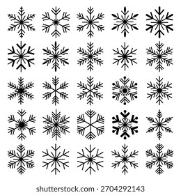 Colección de diversas Ilustraciones vectoriales de copos de nieve para diseños invernales. Navidad y temas de vacaciones que proporcionan un elemento decorativo frío y escarchado