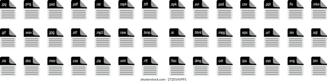 Colección de diversos iconos de software y extensiones de archivos multimedia mostrados en una cuadrícula limpia con múltiples filas de representaciones de documentos genéricos marcadas con extensiones comunes de tres letras como JPG PDF y ZIP para el diseño de interfaces informáticas.