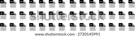 Collection of diverse software and media file extension icons displayed in a clean grid layout featuring multiple rows of generic document representations marked with common three letter extensions like jpg png pdf and zip for computing interface design.