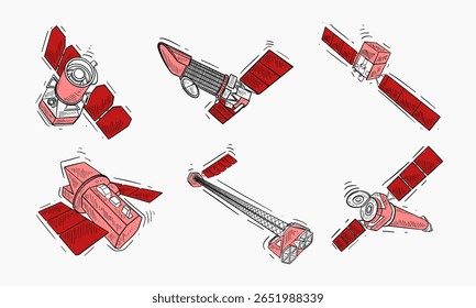 Collection of diverse space station designs, rendered in a hand-drawn, sketch-like style, featuring different configurations of satellites and spacecraft, 