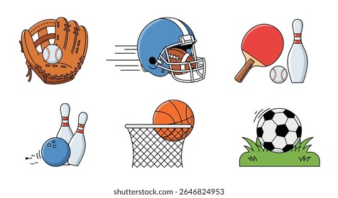 Coleção de Diversos Equipamentos Esportivos e Ação Ilustrando Vários Atletismo Perseguições e Jogos Jogados Globalmente
